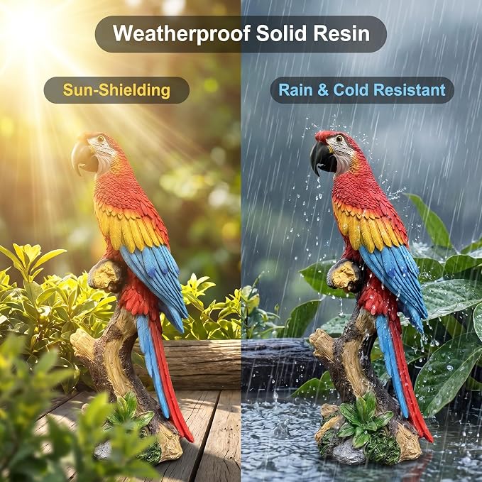 37.8" Hanging Scarlet Macaw Parrot Statue | Outdoor Resin Bird Decor, Weatherproof Solid Resin with Vibrant Hand-Painted Feathers