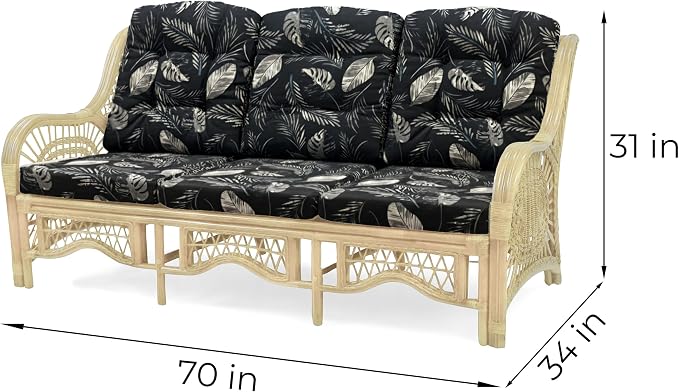 Malibu Lounge Set of 4: 2 Natural Rattan Wicker Chairs, Three-Seater Sofa and Coffee Table with Glass Handmade, Natural Color with Black Leaf Cushions