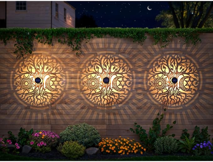 2 Pack Large Solar Fence Lights Metal Solar Powered Outdoor Wall Deck Step Lights Tree Theme Waterproof Fence Light for Garden Post Patio Backyard Yard Decor, Gardening Gifts for Women Mom Grandma