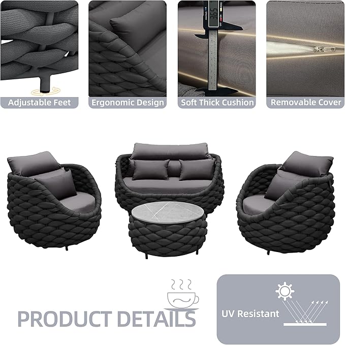 TWT Outdoor Patio Furniture Set-6 Pieces Aluminum Sectional Sofa, Metal Patio Conversation Set with Loveseat & Armchair, Textile Rope and Coffee Table, Dark Grey