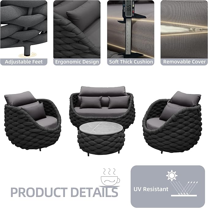 TWT Outdoor Patio Furniture Set-5 Pieces Aluminum Sectional Sofa, Metal Patio Conversation Set with Loveseat & Armchair, Textile Rope and Coffee Table, Dark Grey