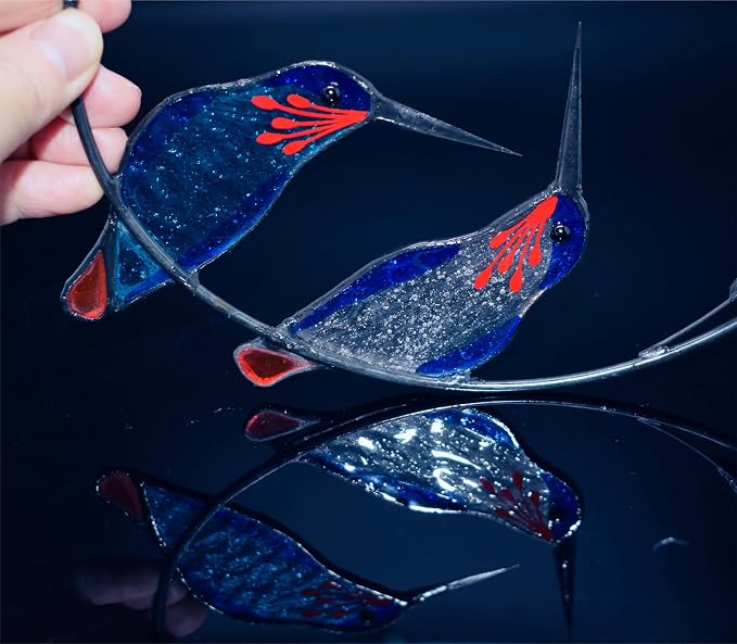 Lolitarcrafts Hummingbird with Flower Stained Glass Suncatcher Bird Stained Glass Window Hangings Hummingbird Gift for Home Decor (Blue 1 Pair)