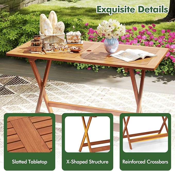 Tangkula 54.5-Inch Patio Dining Table for 6, Solid Wood Outdoor Table with Teak Painting & 2" Umbrella Hole, 6-Person Rectangular Outside Dining Table for Balcony, Deck, Porch, Backyard