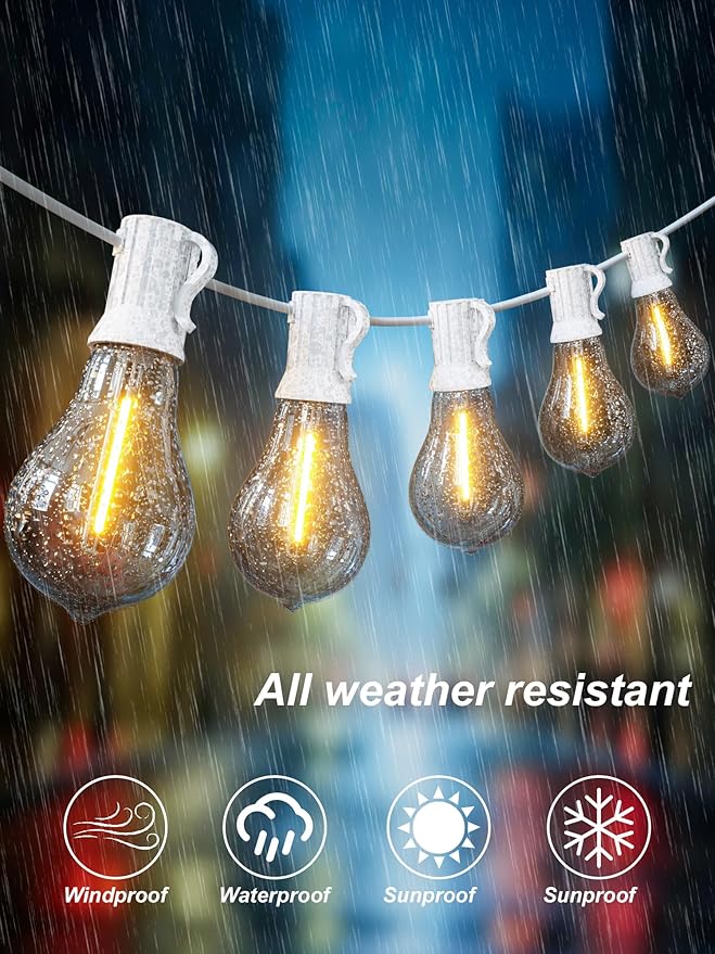 White Outdoor String Lights 120FT Waterproof Lighting for Patio Wedding | 2FT Bulbs Spacing,120FT Connectable White Outdoor Lights with 63 Plastic Dimmable LED Bulbs for Garden Bistro Balcony Party