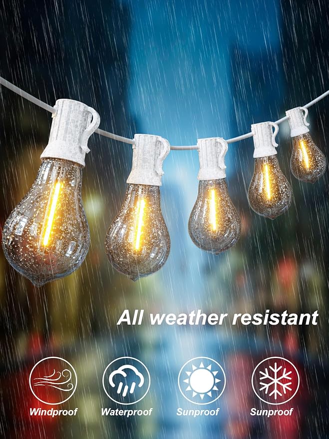 Outdoor String Patio Lights White 200FT Waterproof Lights for Wedding Party | 2FT Bulbs Spacing, 2x100FT Connectable White Outdoor Lighting with 105 Plastic Dimmable LED Bulbs for Backyard Bistro Balcony