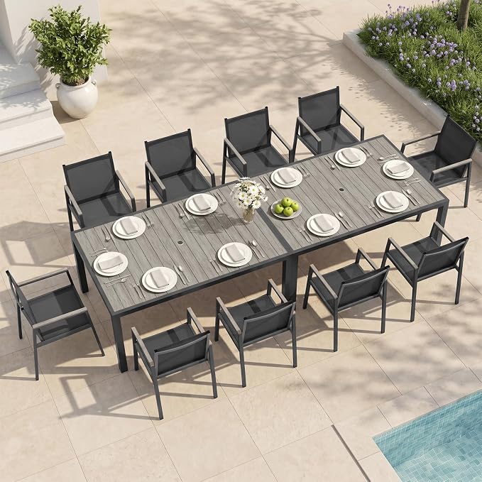 Outdoor Dining Set for 10, Aluminum Patio Table and Chairs Set, 12-Piece All Weather Patio Dining Furniture Set with Umbrella Hole for Backyard, Deck, Poolside (Gray)