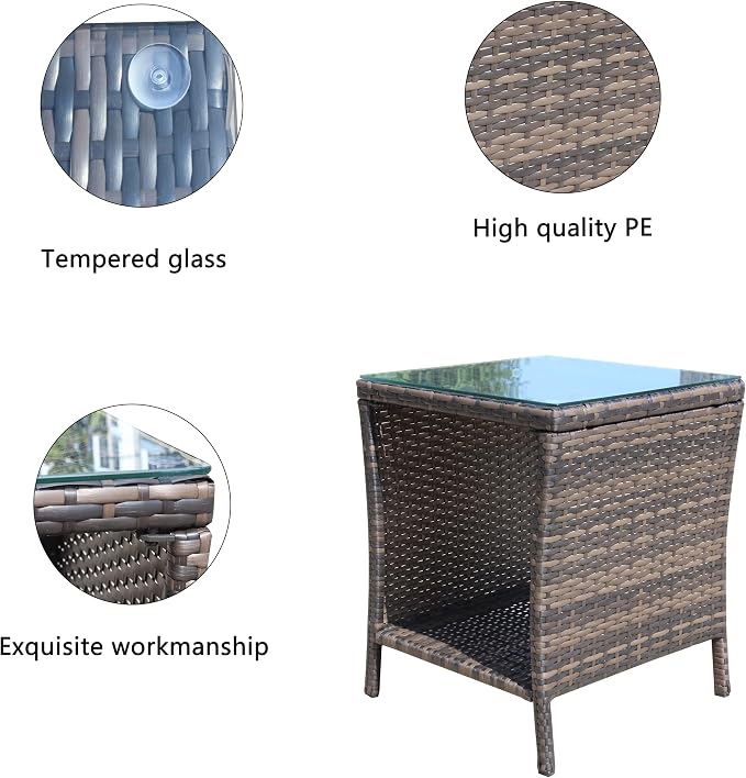 IRONORA Outdoor Wicker Side Table Patio Side Tables for Outside, Tempered Glass Top Wicker Table with Storage End Table for Balcony Porch Deck