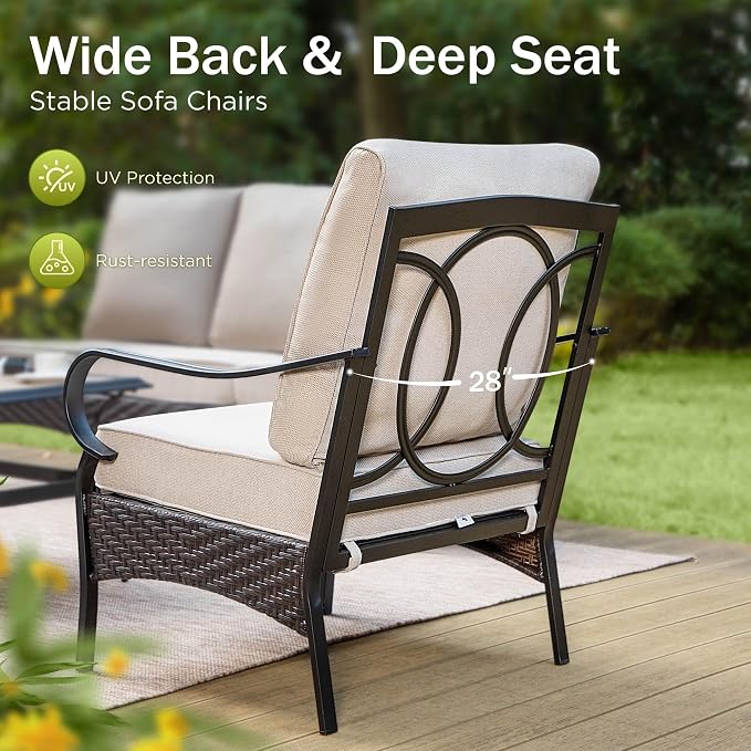 PHI VILLA Outdoor Modern Patio Furniture Set, Upgraded Wicker & Metal Patio Furniture Conversation Set with Waterproof Thick Cushions for Porch, Poolside, Yard (4 Pieces,Beige)
