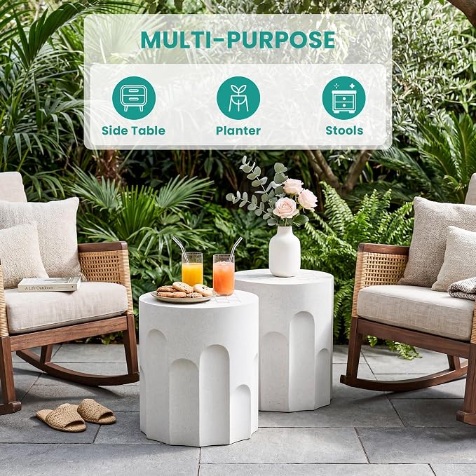 SUNBURY Outdoor Side Table w Chessboard, 15" W Concrete End Table, Patio Side Table Lightweight MgO, Round Accent Tables, Garden Stool Plant Stand for Yard, Front Porch, Spotted White