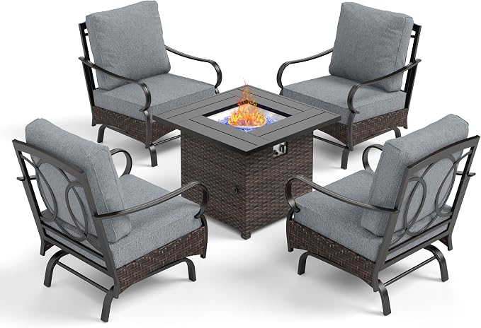 Patio Furniture Set with 32" Fire Pit Table, Patio Conversation Sets 4 Rocking Chairs with Thick Cushion and 50000 BTU Fire Pit Table (5 Pieces,Grey