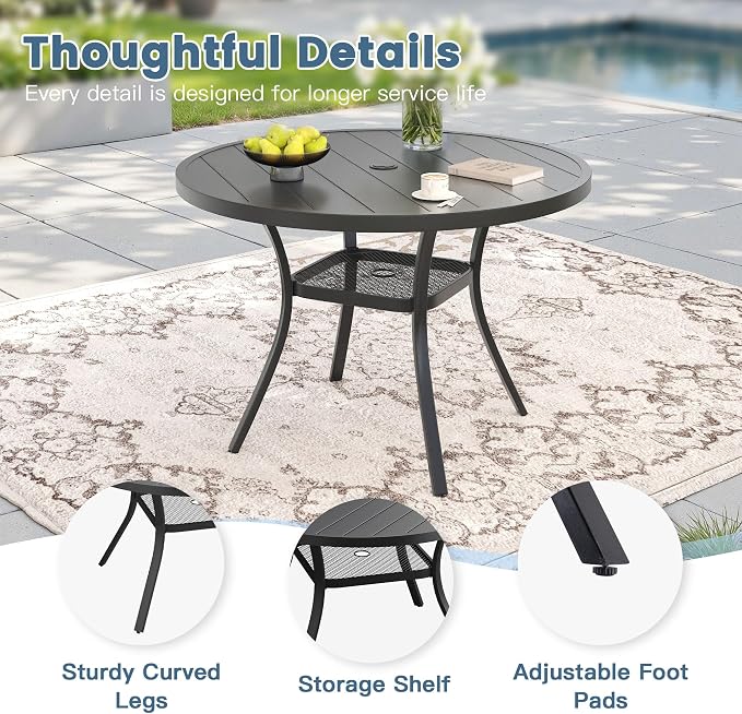 DIFY Outdoor Dining Table for 4, Round Patio Table with Umbrella Hole for Garden, Backyard and Porch (Black)