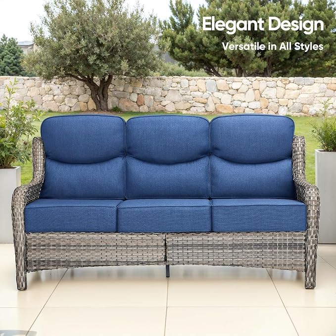 Swivel Patio Chairs sofa Set of 7 - 6" Thick Cushion - Wicker Outdoor Swivel Rocker Patio Chair ,Sofa/Glass coffee table, High Back Comfortable Outdoor Glider Chairs - Grey Wicker | Blue Cushions