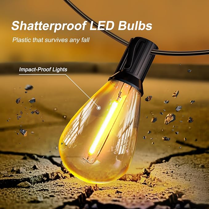 CABOCASA Outdoor String Lights 100FT for Outside Patio Lights with 50+2 Shatterproof S14 LED Dimmable Bulb, Outside Hanging Light Waterproof for Porch Garden Fences Backyard Balcony Pathways 2700K