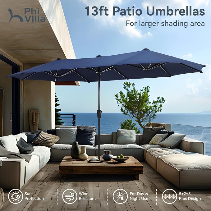 PHI VILLA Patio Dining Set with 13ft Outdoor Navy Blue Umbrella, 6 Padded Textilene Dining Chair and 1 Large Metal Table, Outdoor Table and Chair for Patio Lawn Garden (No Umbrella Base)