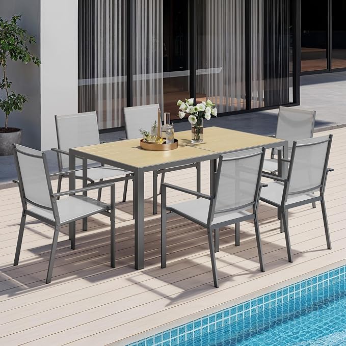 Ahomly Patio Table and Chairs Set for 6, Outdoor Dining Set Includes 59.5" Rectangle Patio Table with Side Umbrella Hole and 6 Textilene Fabric Patio Chairs for Courtyard, Backyard, Pool, Grey&Brown