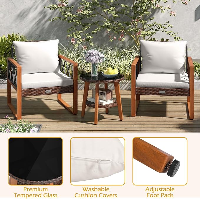 Tangkula 3 Pieces Patio Wicker Furniture Set with Acacia Wood Frame, Outdoor Conversation Cushioned Chairs and 2-Tier Tempered Glass Coffee Table for Porch, Balcony, Garden and Backyard (Off White)