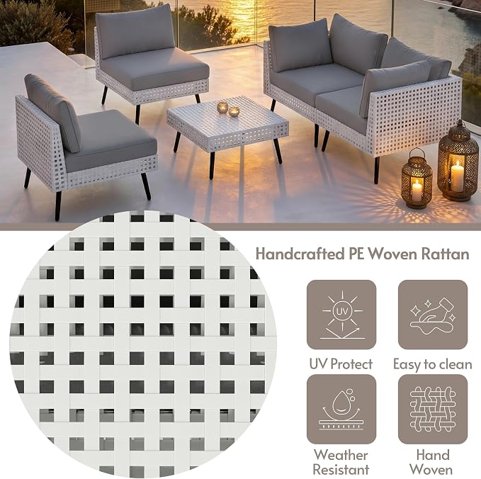 ENSTVER Modern High-End 5-Piece Wicker Patio Furniture Sets，Outdoor Patio Sectional with Thicken Cationic Fabric Cushions & Non-Slip Pad, Convertible Conversation Sets for Garden, Poolside, Backyard