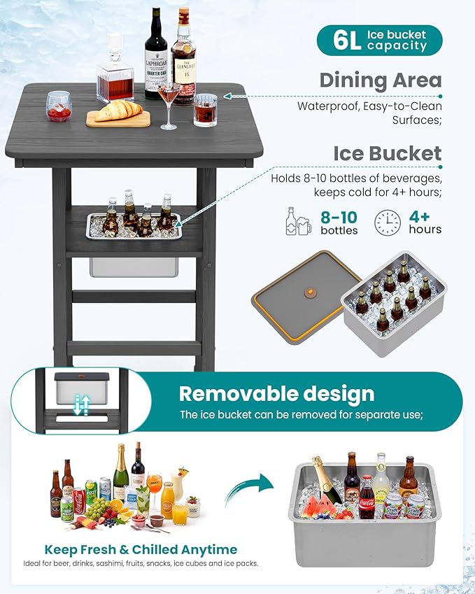 SERWALL Adirondack Bar Chairs and Table 3 Pieces Set with Umbrella, HDPE Bar Height Chairs Set of 2 and Bar Table with Ice Bucket, Outdoor Bar Stools Set for Balcony, Poolside, Backyard, Grey