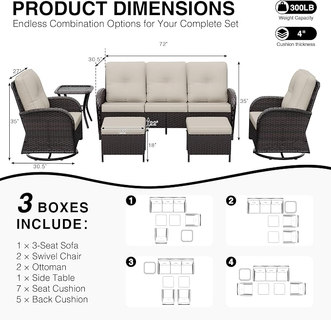 Joyside Wicker Patio Furniture Set, 6 Piece Outdoor Furniture Set with Thickened Cushions, High Back, Deep Seating, Wide Armrest, Outdoor Swivel Rocker Chairs for Porch, Deck