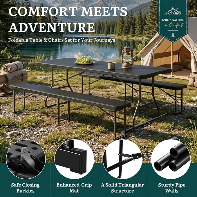 YITAHOME 6ft Folding Picnic Table with Benches, Heavy Duty 6 ft Picnic Tables for Outdoors, Portable Outdoor Table with Center Lock & Non-Slip Feet for Backyard, Camping, Beach, Black