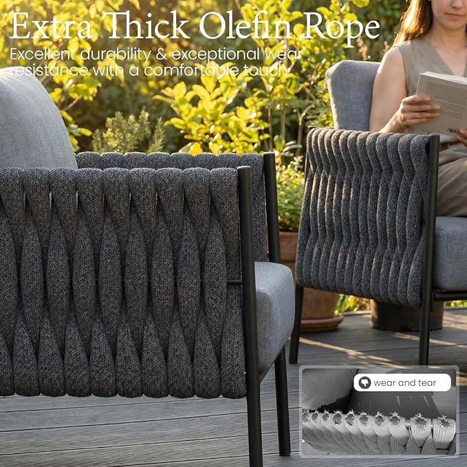 LayinSun 4 Piece Outdoor Furniture Set with Fire Pit Table, Modern Rope Woven Patio Conversation Sofa Set with Olefin Braid and Deep Seating