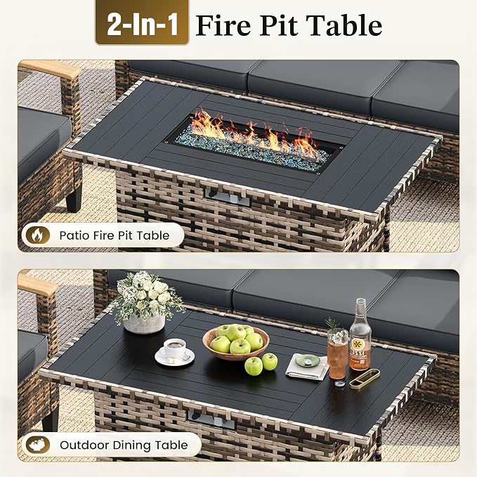 UDPATIO Patio Furniture Set with Fire Pit Table, 6 Pieces Outdoor Wicker Conversation Set for Lawn, Porch, Garden, Backyard, Grey