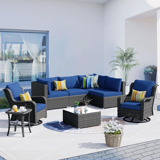 HOOOWOOO Patio Outdoor Sectional Furniture Sofa Set with Swivel Chairs,8 Piece L Shaped Corner Wicker Rattan Couch Set with Glass Table,Modern 6 Persons Summer Patio Conversation Set(Denim Blue)