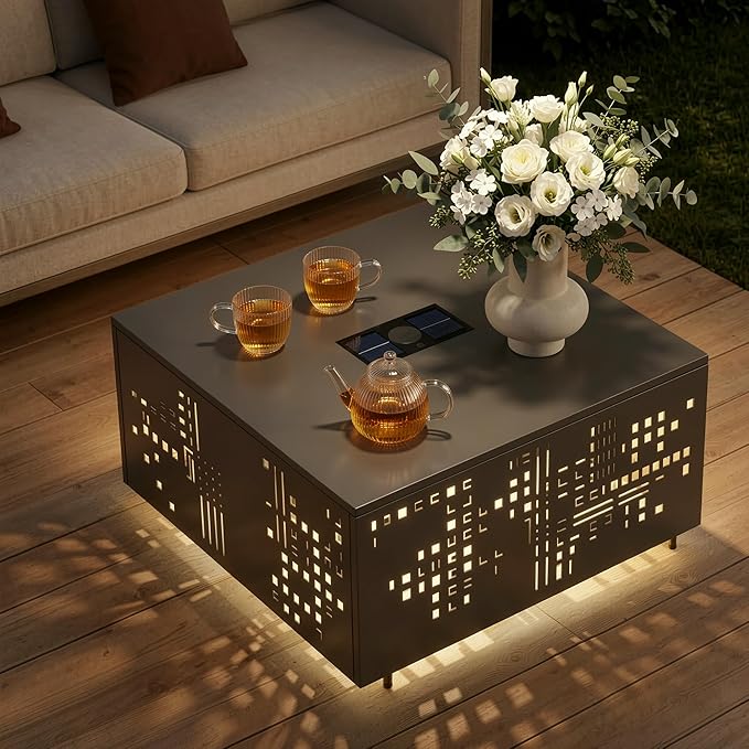 CAODOC 27" Square Outdoor Coffee Table with Umbrella Hole & Solar Light, Rust-Proof Metal Patio Table, Small Minimalist Low Accent Table for Living Room, Balcony, Deck, Backyard, Gray