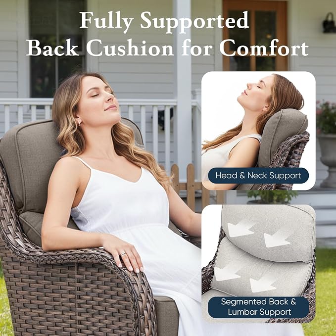 Belord Luxury 6" Thick Cushioned 8 Pieces Patio Furniture Set with Outdoor Couch, Wicker Outdoor Conversation Set with High Back Swivel Rocker Chairs for Deck Porch Yard and Poolside - Brown+Grey