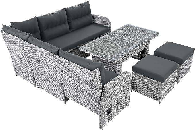 Outdoor Patio Rattan Sectional Sofa Set with Adjustable Height Table and 2 Ottomans, All-Weather Conversation Sets with Seats Side Tables and Adjustable Backrest for Garden Backyard (Grey-2.19)