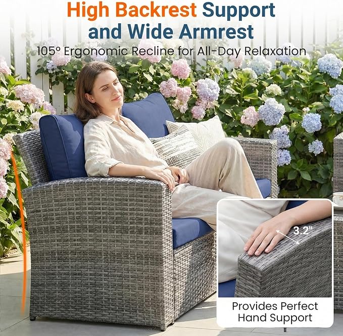 Wisteria Lane Patio Furniture Set, Wicker Outside Outdoor Furniture for All Weather, Patio Sofa with High Backrest Support and Wide Armrest for Backyard, Balcony, Deck, Porch, Dark Blue