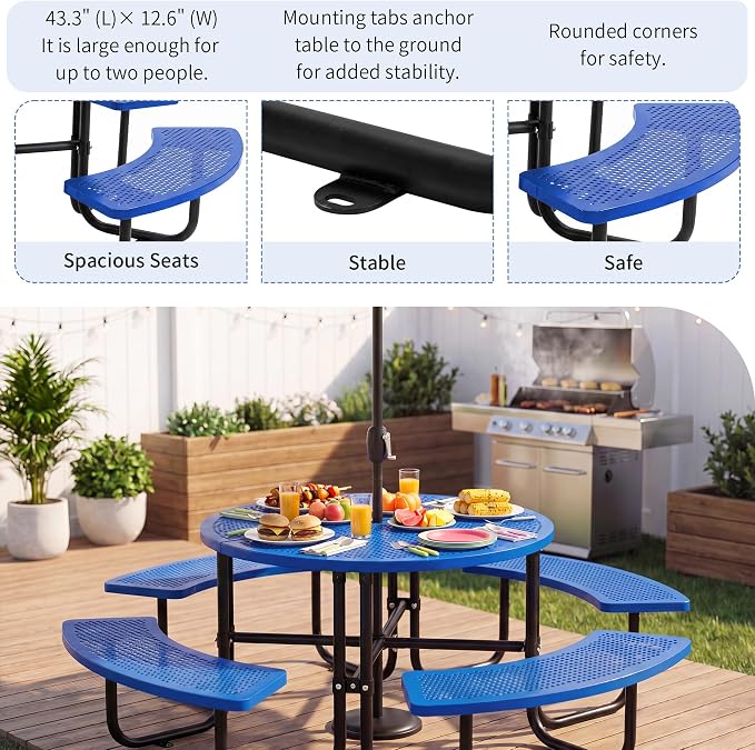 46" Outdoor Round Perforated Picnic Table Metal Camping Table with Umbrella Hole - Heavy Duty Steel Mesh Picnic Bench Set for Backyard Garden Deck, Blue