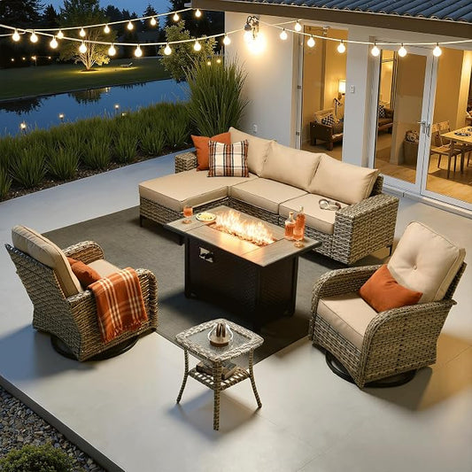ovios 8-Piece Patio Furniture Set with L-Shape Sofa Chaise, Outdoor Sectional Couch Swivel Gliders Fire Pit Table, Modern Modular Wicker Rattan Conversation Set, Beige