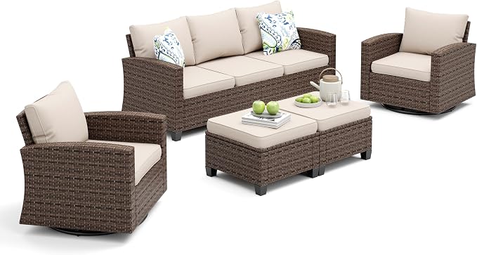 MIXPATIO Swivel Glider Patio Furniture Set, 5 Pcs Wicker Rattan Outdoor Conversation Set, 2 x Swivel Chairs, 1 x 3 Seater Sofa and 2 x Ottoman with 4" Thick Cushion, Beige