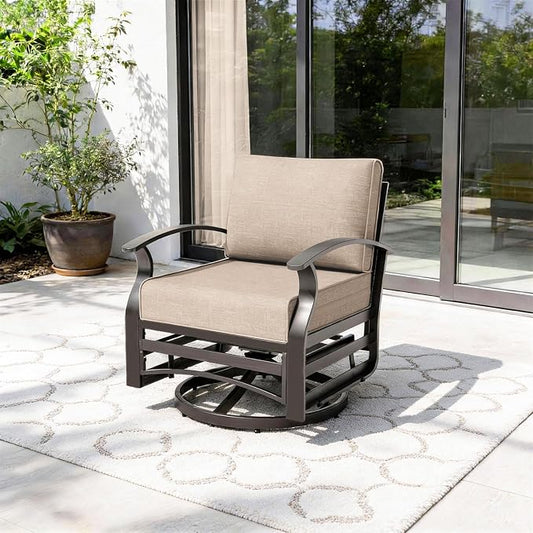 Gotland Outdoor Furniture, Metal Outdoor Swivel Chair with 5.1’’ High-Resilience Seat Cushions 6.2’’ Thick Back Pillow 29.5’’ Deep Seat Removable Cushions, Patio Furniture for Lawn, Porch, Khaki