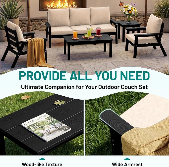 PLUUV 4-Piece HDPE Patio Sofa Set, All-Weather Outdoor Sectional Furniture with Thick Cushions, Modular Couch Set for Deck, Lawn, Black Frame with Khaki Cushion