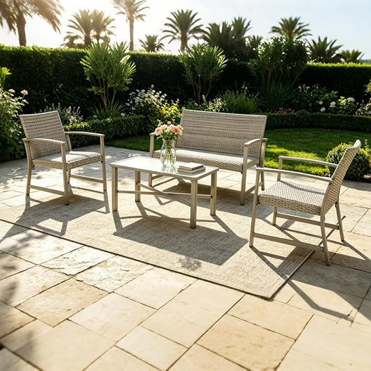 4-Piece Wicker Patio Furniture Set, Modern Outdoor Conversation Set with Coffee Table and Padded Seat Cushions, Rattan Sectional Sofa for Backyard, Garden & Lawn, Light Grey