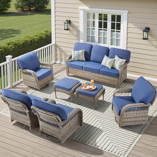 7 PCS Patio Furniture Set Outdoor Sectional Sofa Couch with Rocking Swivel Chairs 5" Deep Seat Chairs, Modern Wicker Rattan Conversation Set, Blue/Gray Wicker