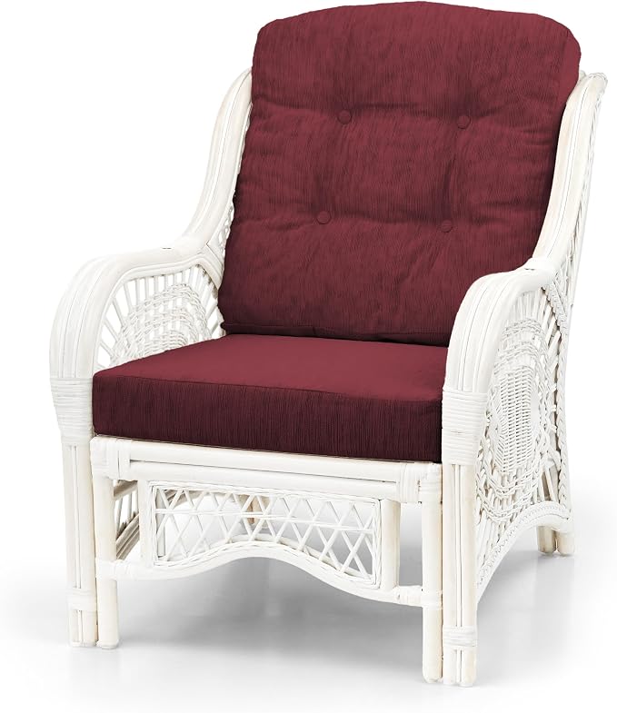 Malibu Lounge Set of 4: 2 Natural Rattan Wicker Chairs, Three-Seater Sofa with Dark Brown Cushions and Coffee Table with Glass Handmade, White Color
