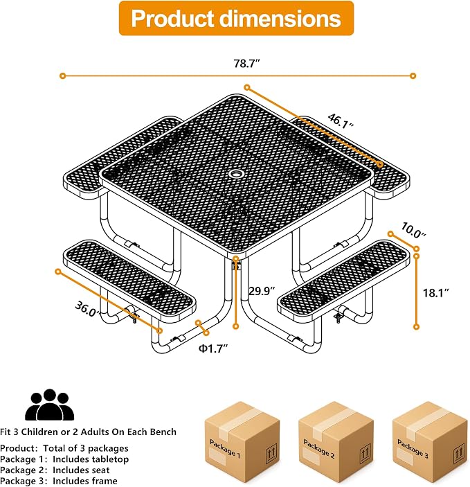 46-Inch Square Metal Outdoor Picnic Table – Commercial Heavy-Duty Steel Dining Table with Thermoplastic Coating, Weather & Rust Resistant, Ideal for Patio, Outside, Garden, Schools (Black)