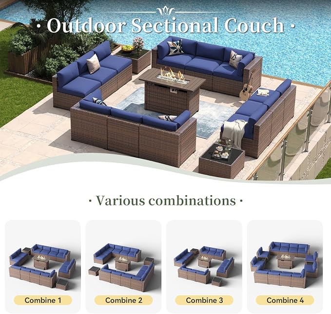 Aoxun 15 Piece Patio Furniture Set with 44” Fire Pit Table Wicker Rattan Outdoor Sectional Sofa Set with Coffee Table and Thickened Cushions, Blue