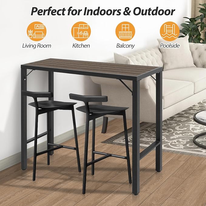 Outdoor Bar Table, 47” Patio Bar Height Table, Bar Counter Pub Dining Table with Waterproof Top for Balcony, Garden, Yard, Poolside (Brown)