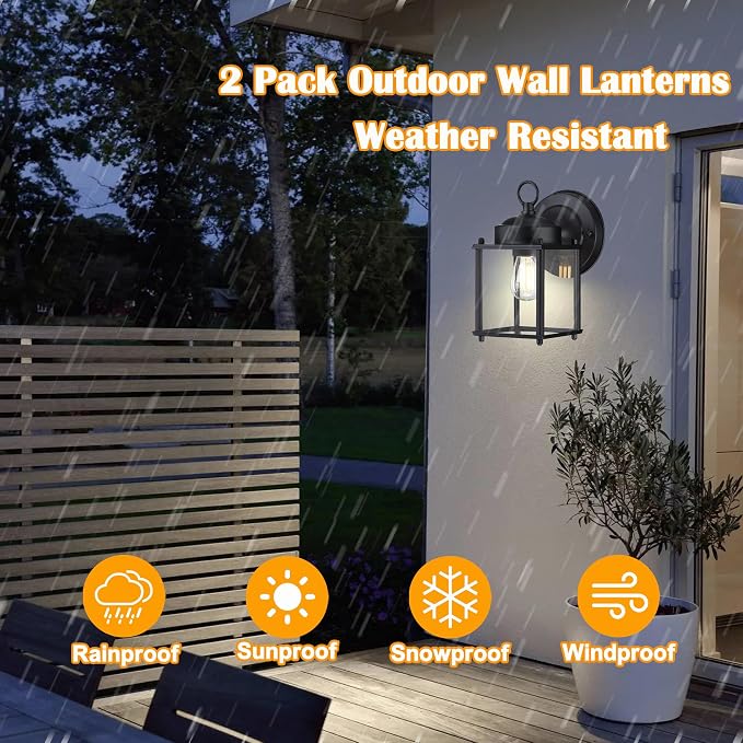 Outdoor Wall Light, Porch Lamp, Rustproof Waterproof, Black | Exterior Wall Sconce Fixture for House, Garage, Patio, Metal Housing with Glass, E26 Base, 2 Pack