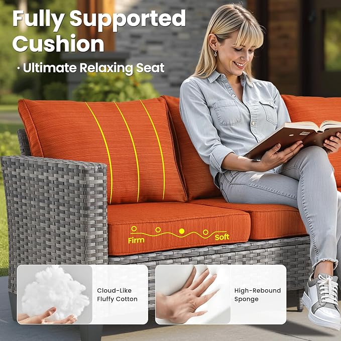 ovios 8 Pieces Patio Furniture Set, Outdoor Wicker Sofa Couch with Swivel Glider Chairs Solar Lights Table, Modern Deep Seat Rattan Conversation Sets for Deck Porch, Orange Red