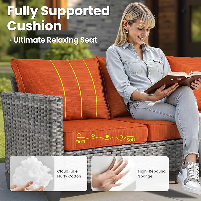 ovios 8 Pieces Patio Furniture Set with 30" Fire Pit Table, Outdoor Wicker Sofa with Comfy Cushions, All Weather High Back Rattan Couch Conversation Set, Orange Red