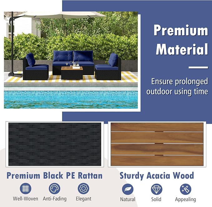 Tangkula 5 Pieces Wicker Patio Furniture Set, Outdoor 4 Armless Rattan Sofa & Coffee Table Set, with Cushions, Acacia Wood Tabletop, Sectional Patio Conversation Set for Lawn, Yard, Poolside, Navy