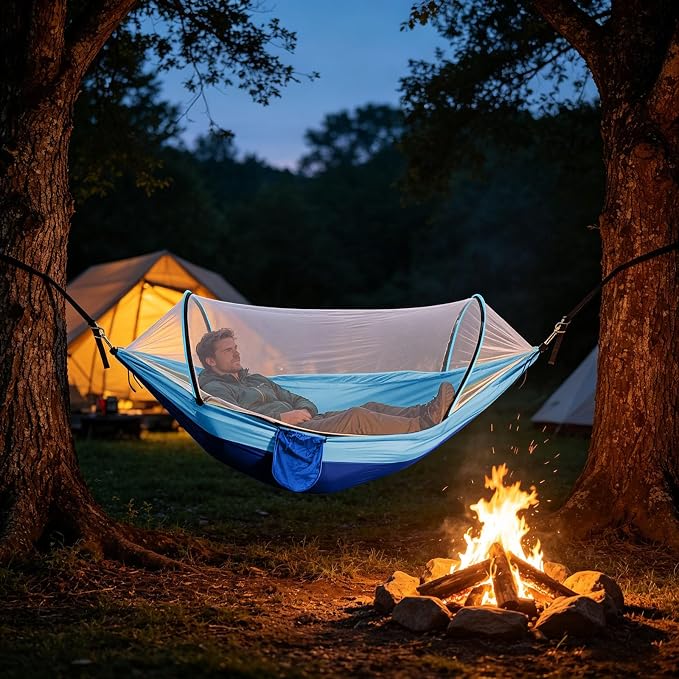 Heavy Duty Hammock with Mosquito Net–Canvas Hammock, Fade-Resistant Cotton Lounger, Roll-Free Comfort Design, Easy Setup for Backyard, Porch, Garden, Camping, Travel (Light Blue)