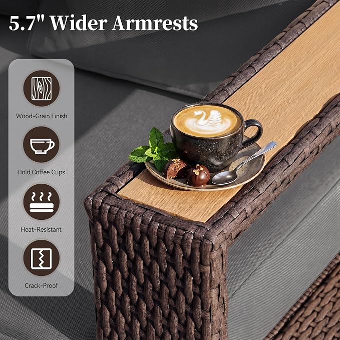 LazySunsets Patio Furniture Set, 6 Pieces Wicker Outdoor Sectional Sofa with 10'' Ultra-Thick Cushions & Ottomans, All-Weather Rattan Conversation Set for Backyard Poolside, Brown/Dark Gray