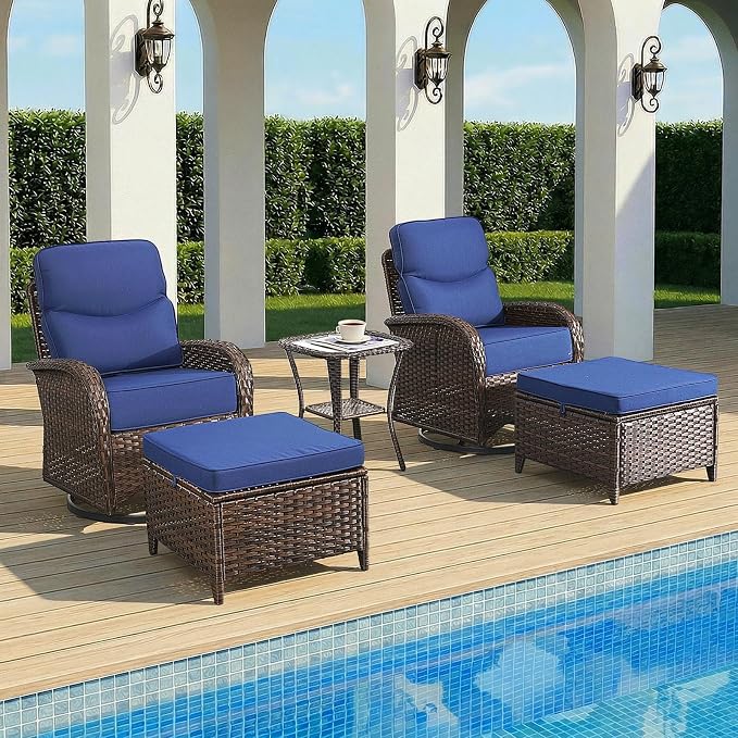 Patio Furniture Set with Luxury 6" Cushions, 5 Pieces Swivel Rocking High Back Patio Chairs and Ottoman, Outdoor Wicker Conversation Set for Deck, Porch, Backyard, Poolside, Blue