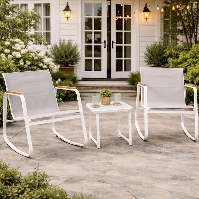 Kozyard 3-Piece Rocking Chair Set, Outdoor Rocking Textilene Bistro Set with Wooden Armrests, Outdoor Conversation Set with Glass Table for Lawn, Porch, Yard, Garden, Balcony, Poolside, White